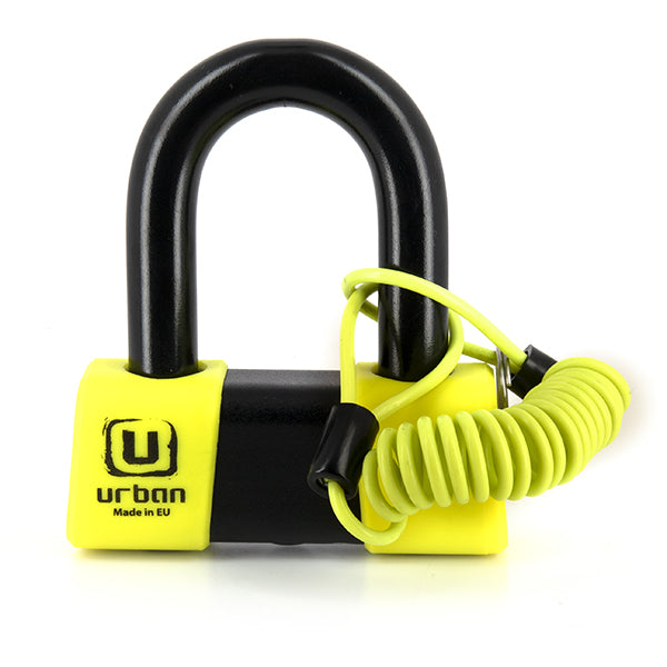 Antivol moto mini U Urban SRA jaune compact 18 mm avec cordon spiralé et clés de sécurité