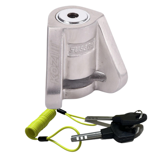 bloque disque antivol moto et scooter en inox sus302 avec clés et câble jaune de rappel