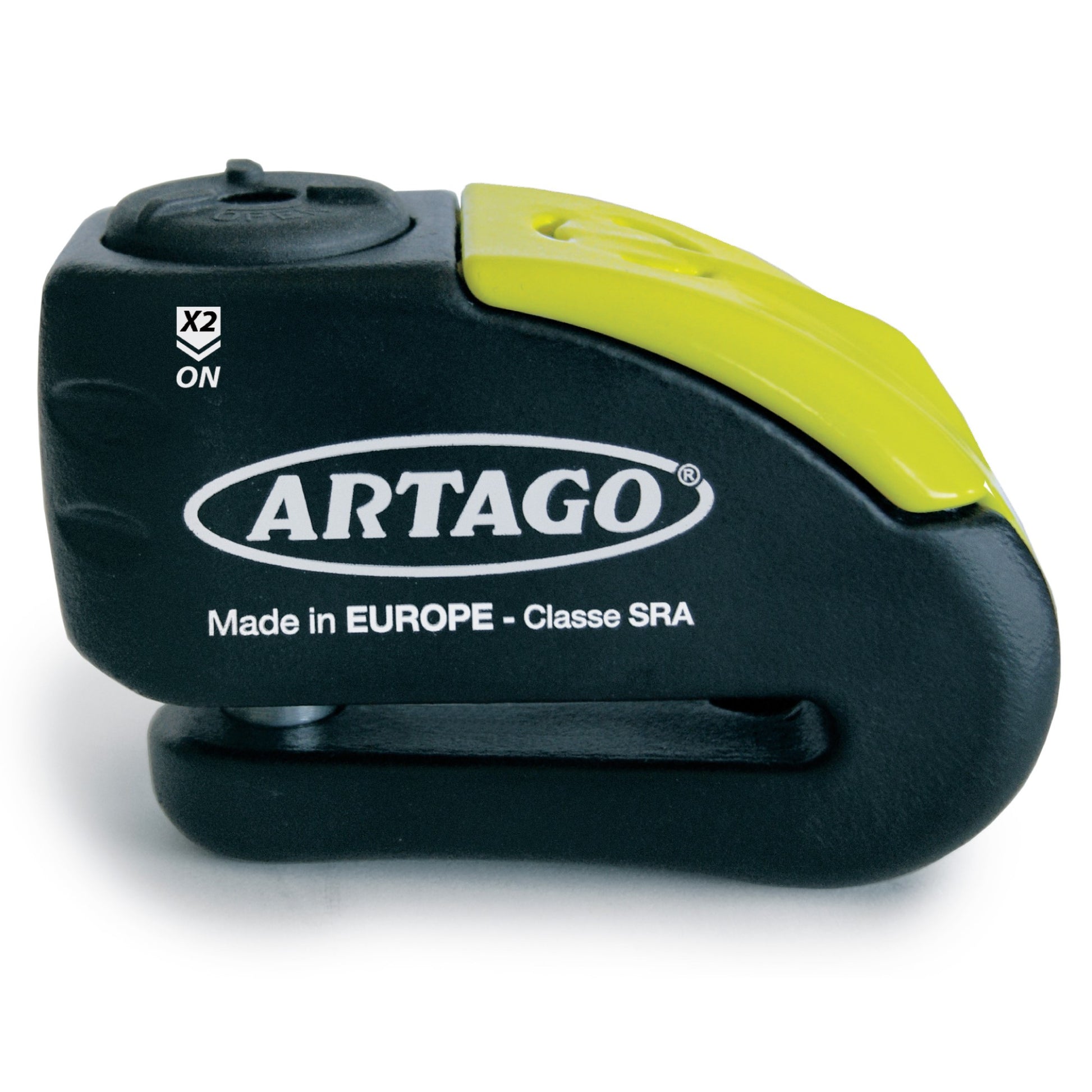 Bloque disque SRA moto Artago 10mm avec alarme 120dB compact jaune haute sécurité