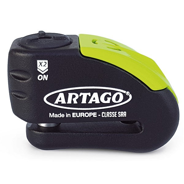 Bloque disque moto SRA Artago 14mm avec alarme 120dB ultra résistant jaune compact