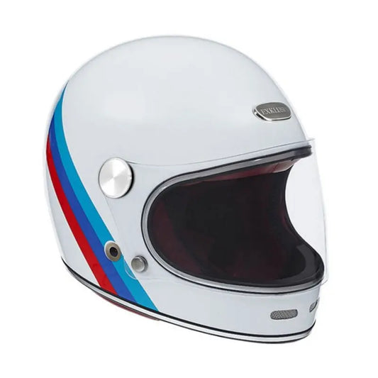 Casque intégral Exklusiv Duke 2 Nation blanc rétro, bandes sportives bleu/rouge, intérieur bordeaux.