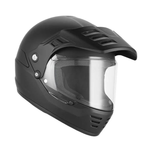 Casque intégral moto Exklusiv Dust noir mat avec visière trail amovible et design moderne.
