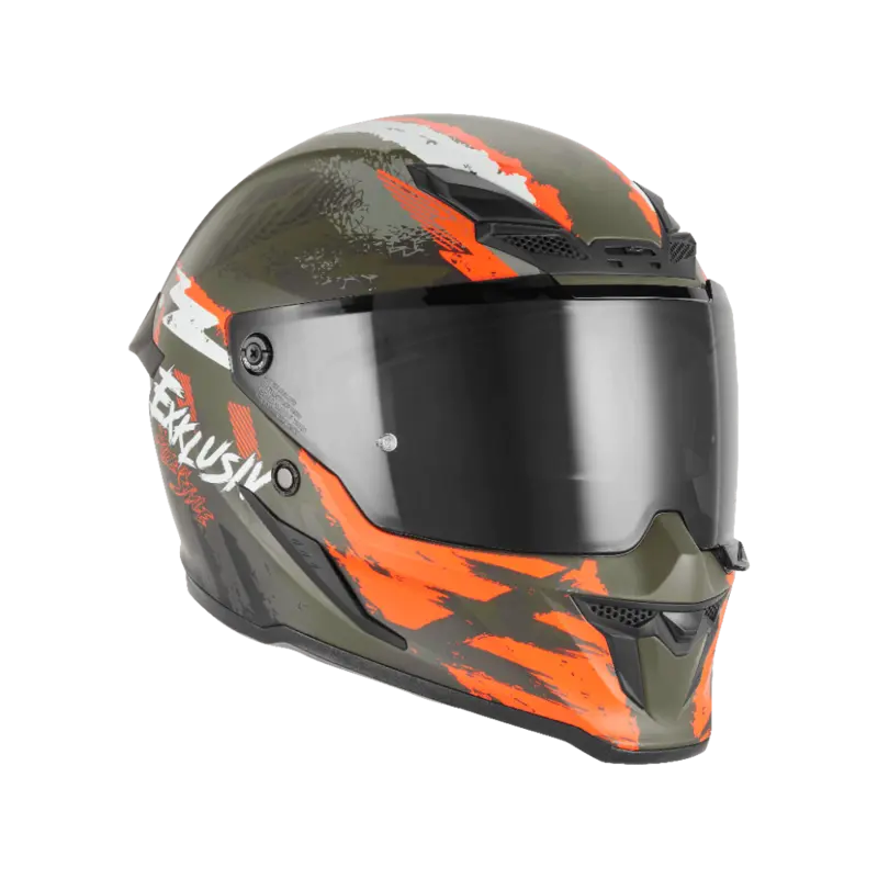 Casque intégral Exklusiv Goliath Cut D kaki mat orange, motif graffiti militaire urbain.