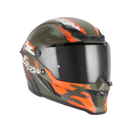 Casque intégral Exklusiv Goliath Cut D kaki mat orange, motif graffiti militaire urbain.