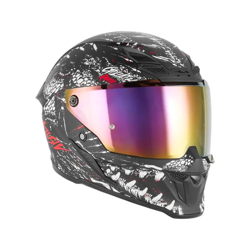 Casque intégral Exklusiv Goliath Raptor noir mat rouge, design reptilien, visière miroir irisée.