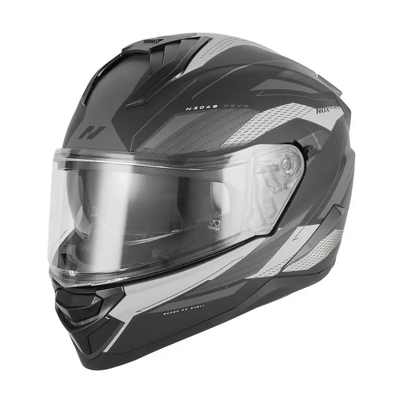 Casque intégral NOX N304S REVO noir mat argent, design sportif effets carbone dynamiques.
