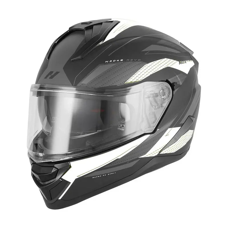 Casque intégral Nox N304S Revo ECE 22.06, noir mat blanc, design sportif carbone