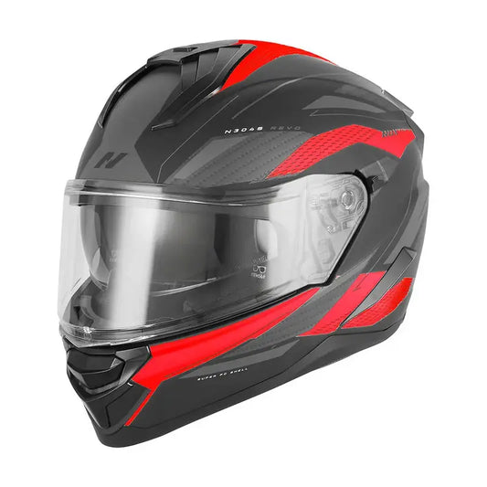 Casque intégral moto Nox N304S REVO noir mat, motifs racing rouge et gris carbone.
