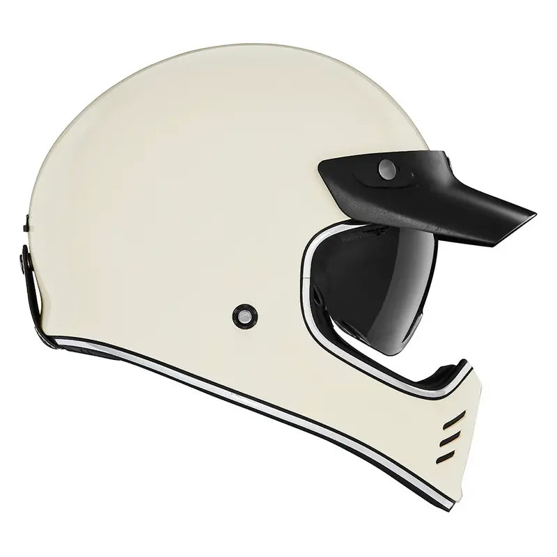 Casque intégral Nox Premium Seventy II ivoire, style rétro, bordures chromées, visière MX.
