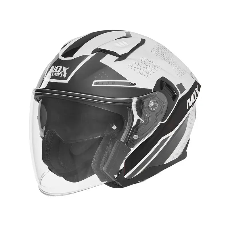 Casque jet NOX N130 EKTO blanc noir, graphiques Ekto, double écran solaire, visière transparente.