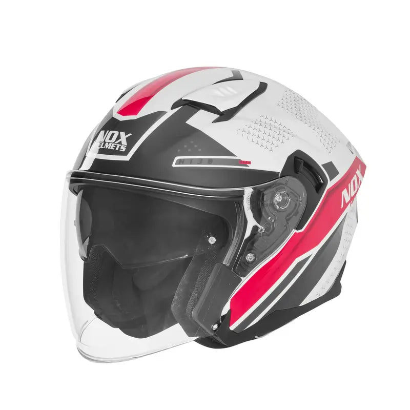 Casque jet femme Nox N130 Ekto blanc rose, design graphique moderne, double écran.
