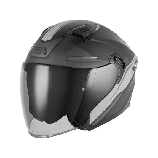Casque jet Nox N130 Ekto noir mat argent, design urbain, double écran solaire intégré.