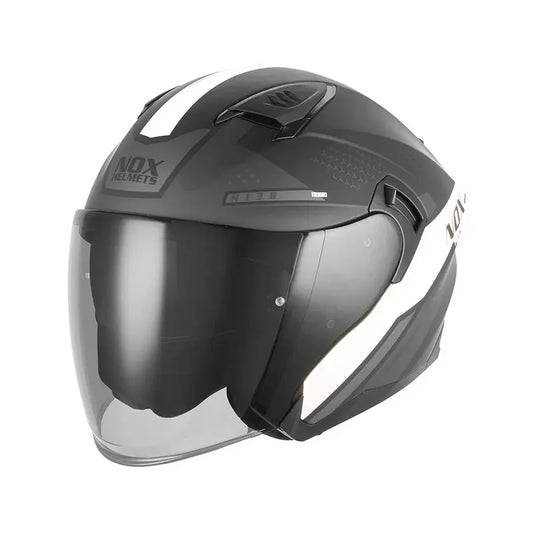 Casque jet Nox N130 Ekto noir mat blanc, design urbain avec double écran solaire.
