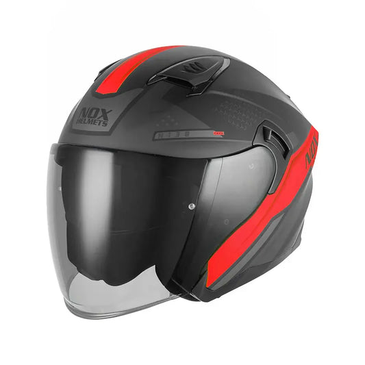 Casque Jet NOX N130 EKTO noir mat rouge, double écran intégré.