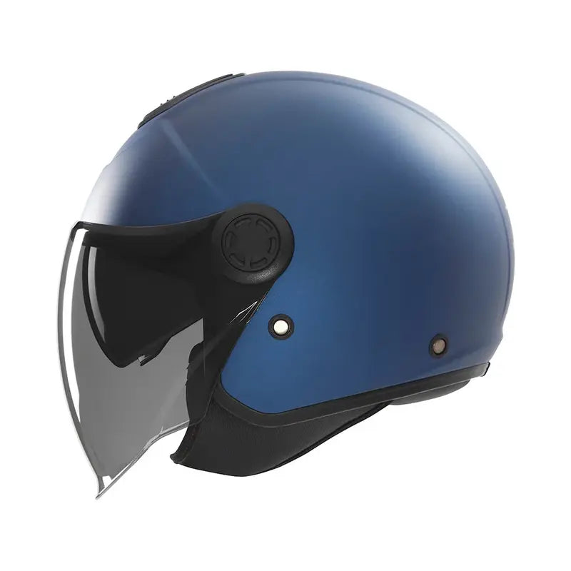 Casque jet Nox N182 bleu mat, visière claire et double écran solaire intégré.