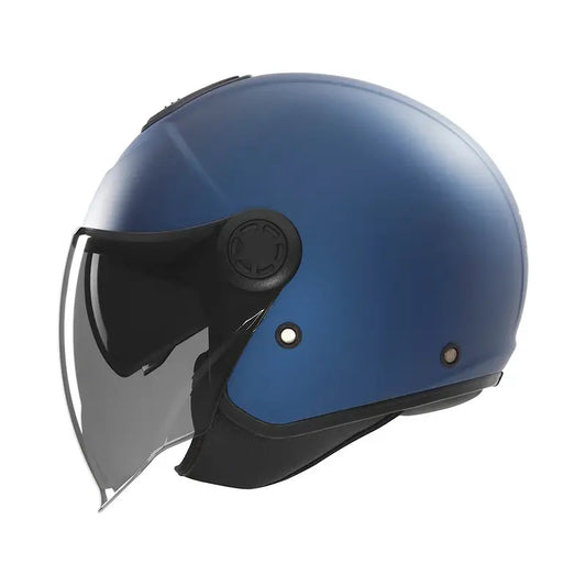 Casque jet Nox N182 bleu mat, visière claire et double écran solaire intégré.