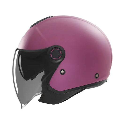 Casque jet Nox N182 fuchsia mat, double écran solaire, pour femme urbaine.