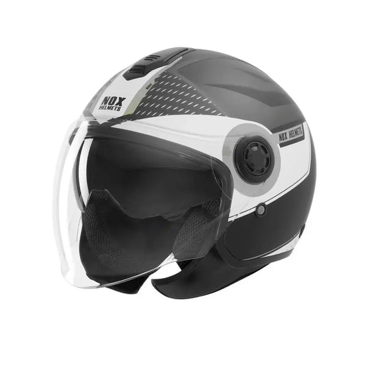 Casque jet Nox N182 Round noir mat argent, homologué ECE 22.06, double écran solaire