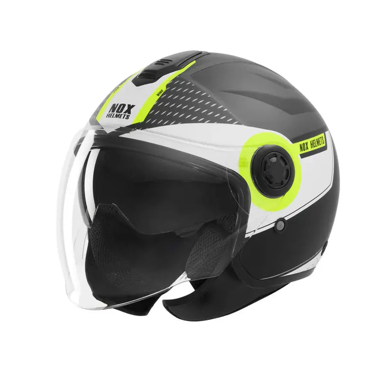 Casque jet Nox N182 Round noir mat jaune fluo, double écran.