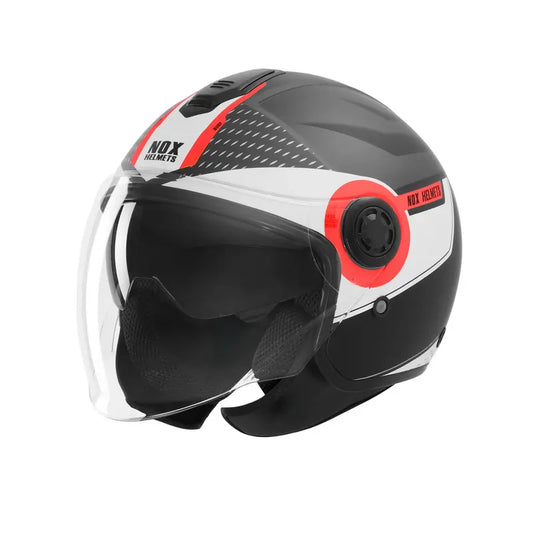 Casque jet Nox N182 Round noir mat rouge avec double écran et design urbain sportif
