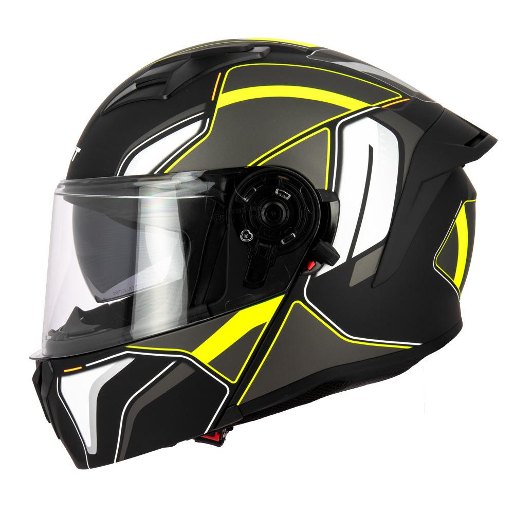Casque moto modulable avec écran solaire Eight S551 Dual Face titane et jaune fluo