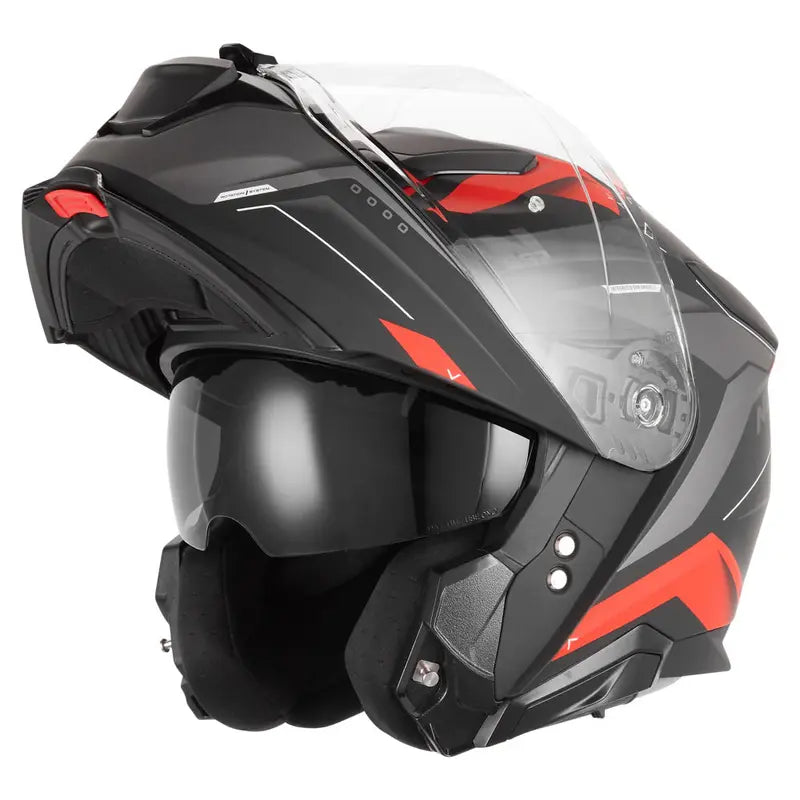 Casque moto modulable Nox N967 Conquer noir mat rouge, homologation P/J.
