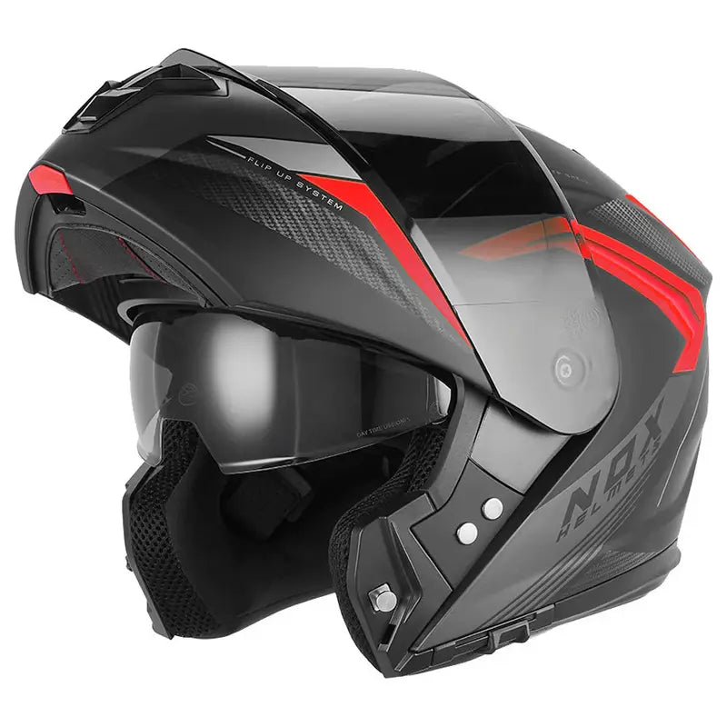 Casque modulable Nox N968 Shift noir mat rouge, design moderne carbone.