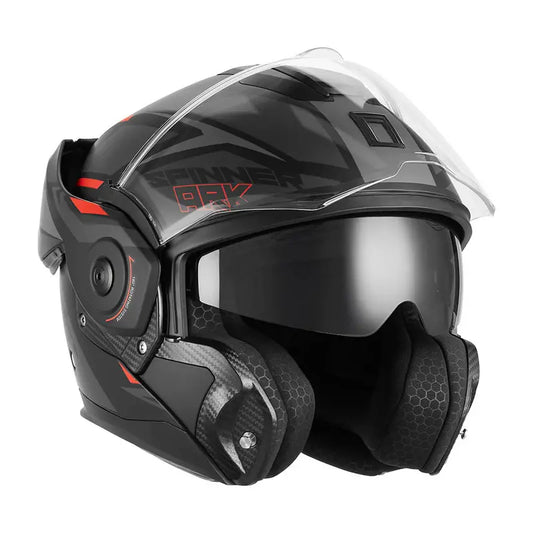 Casque moto modulable NOX PREMIUM Spinner Ark noir mat rouge, mentonnière rotative 180°.
