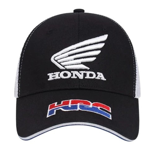 Casquette moto noire Honda HRC avec logo aile brodé blanc et visière courbée