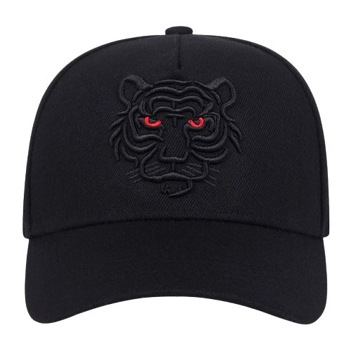 Casquette moto noire avec tigre brodé aux yeux rouges style biker
