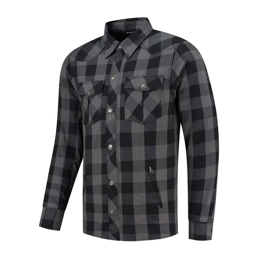 Chemise moto homme Rusty Stitches Neil Jack-25, carreaux gris/noir, style workwear, protections intégrées.