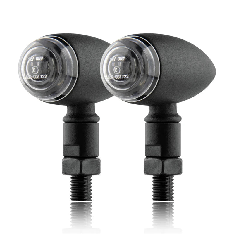 Clignotant LED moto Café Racer compact noir avec verre transparent, homologué pour route