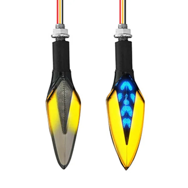 Clignotant LED arrière moto forme goutte avec éclairage jaune et bleu futuriste