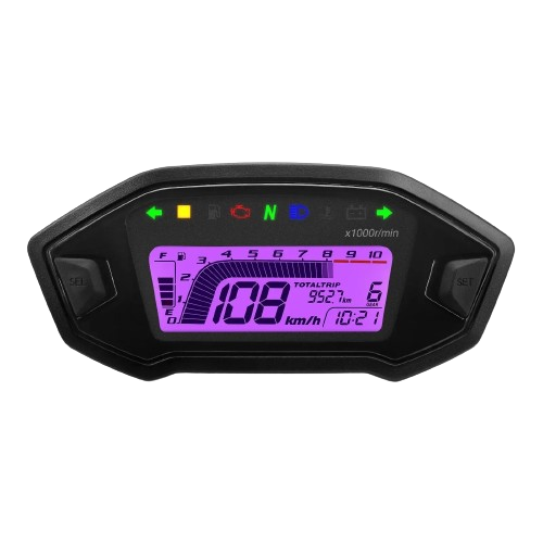 compteur moto universel numérique avec écran LCD rétroéclairé violet et témoins lumineux