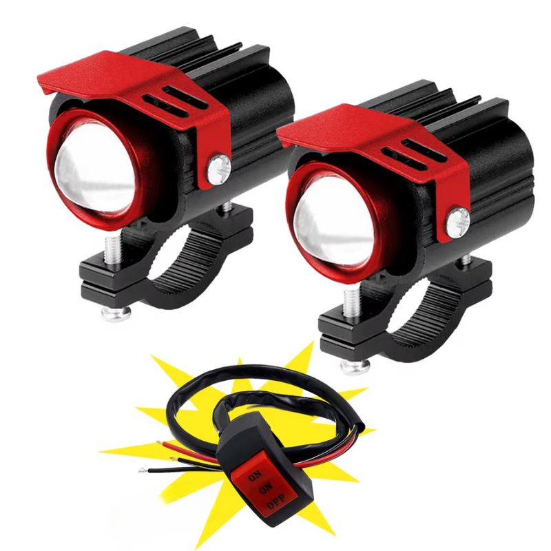 feux LED longue portée pour moto avec interrupteur, design rouge et noir