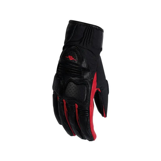 Gants moto été femme Christine, cuir noir et rouge perforé, protections articulations et logo RS.