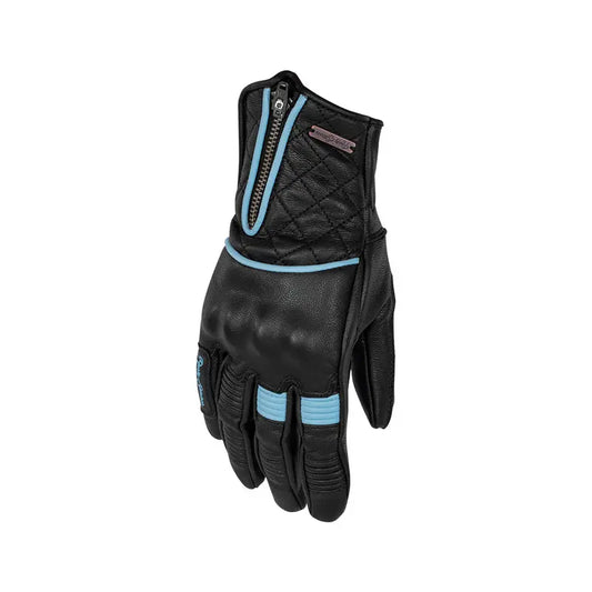 Gants moto femme Lilly noirs en cuir de chèvre, matelassés, détails bleu clair.