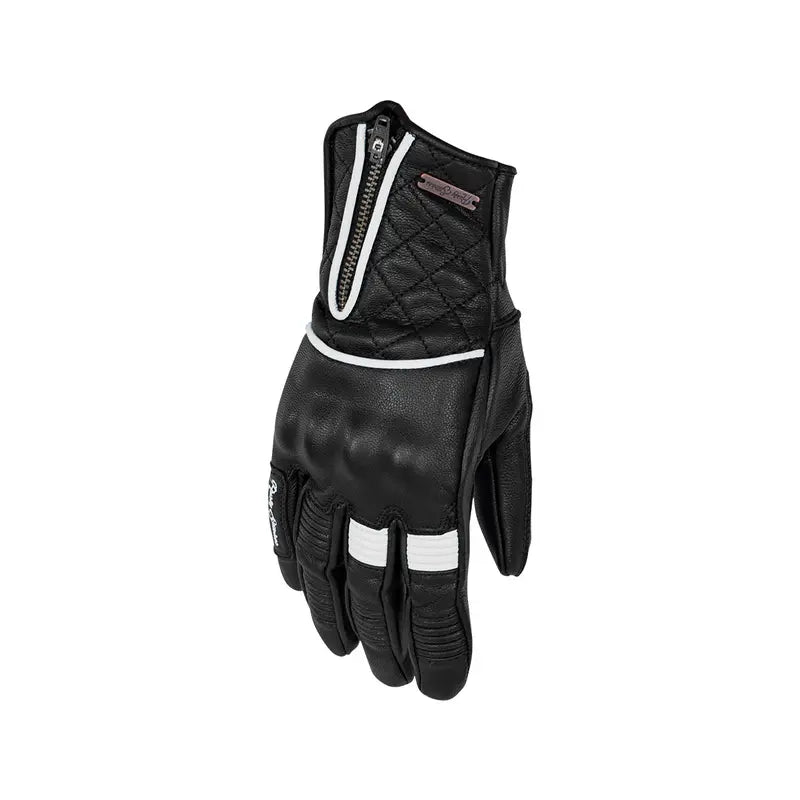 Gants moto femme Lilly été cuir noir blanc matelassé style rétro