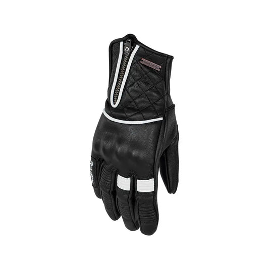 Gants moto femme Lilly été cuir noir blanc matelassé style rétro