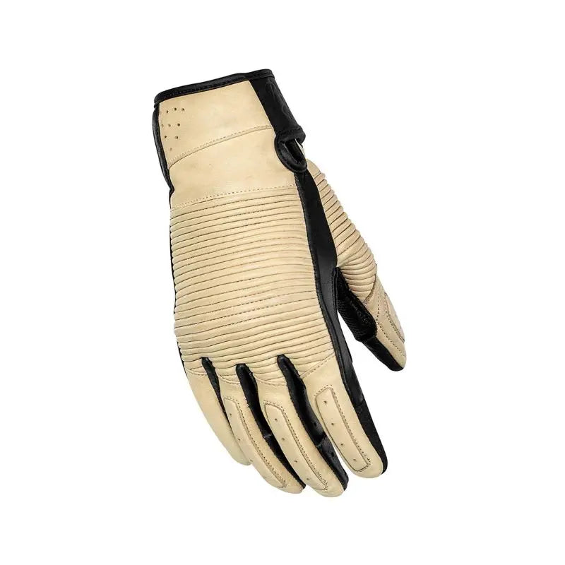 Gants moto été femme Rusty Stitches Stella, cuir beige noir, rétro perforé.