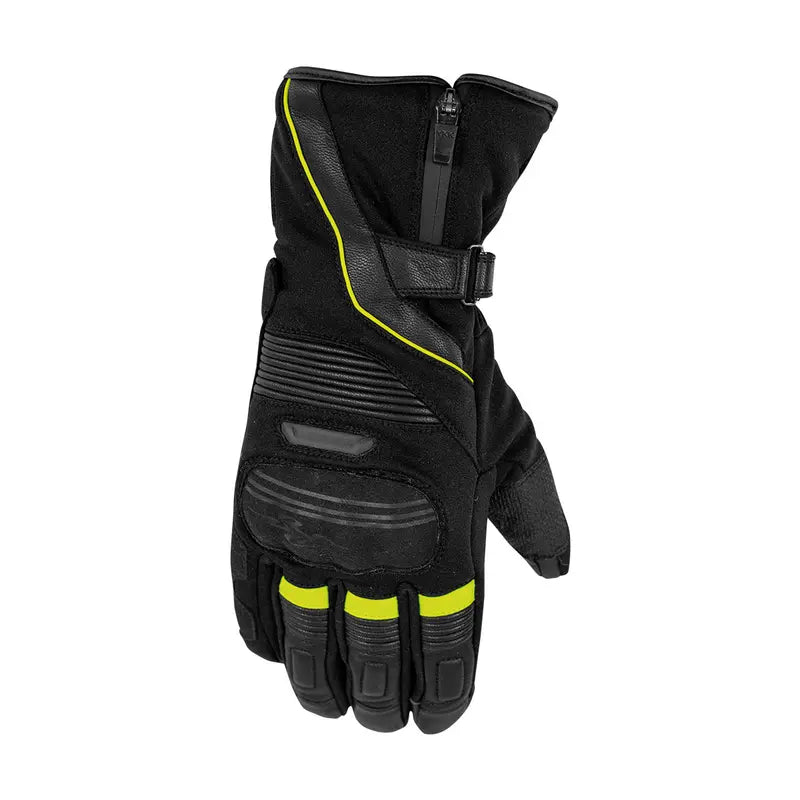 Gants moto hiver Rusty Stitches Cole noirs, jaune fluo, cuir, protections CE, imperméables.