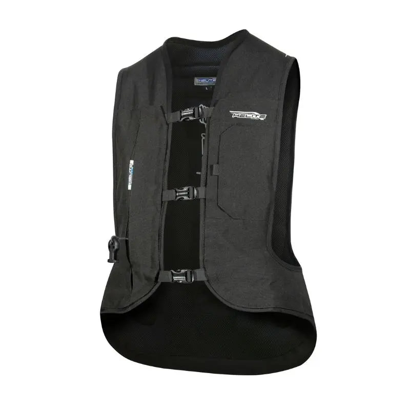Gilet airbag moto Helite Turtle 2 noir, textile technique, mesh et bandes réfléchissantes.