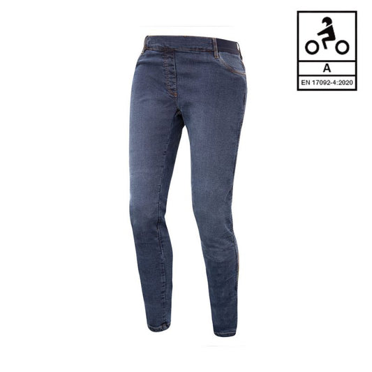 Jean moto femme bleu homologué CE avec protections genoux et hanches coupe slim ARMALITH