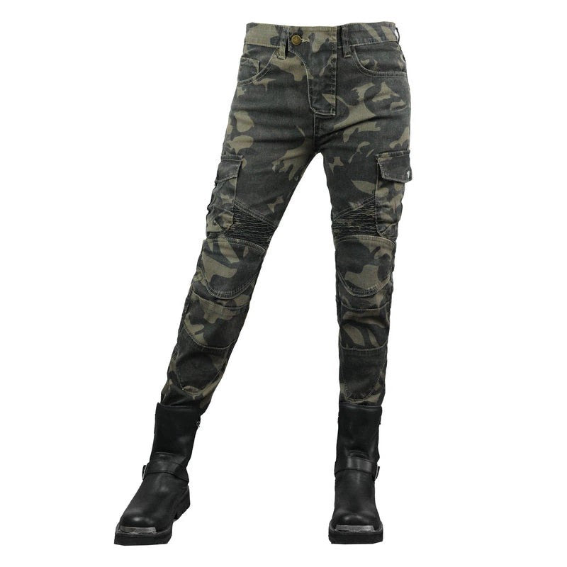 Jean moto camouflage pour femme avec protections amovibles, style militaire motarde urbaine