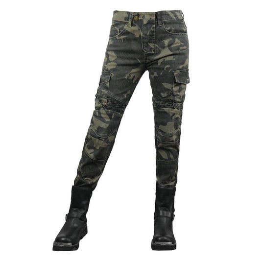 Jean moto camouflage pour femme avec protections amovibles, style militaire motarde urbaine