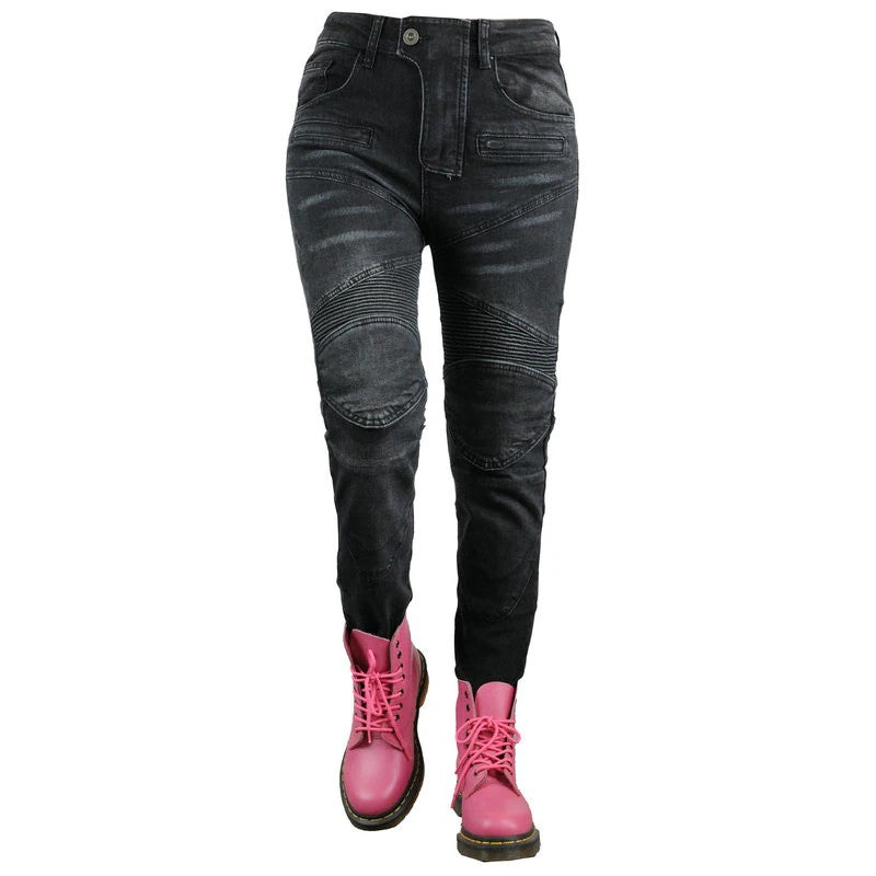 Jean de moto noir pour femme en kevlar avec protections amovibles, style urbain motarde 