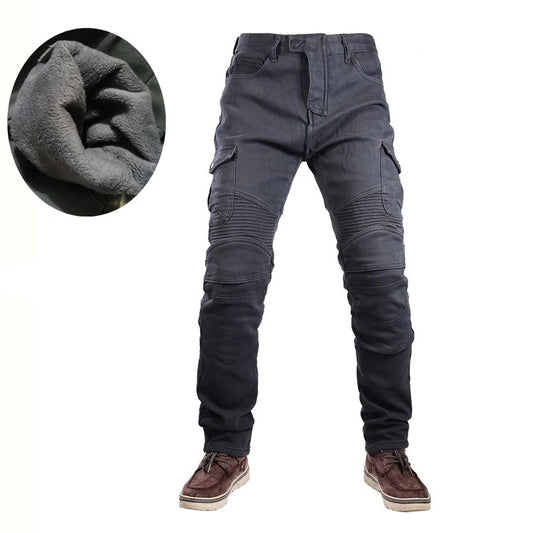 Jean moto gris hiver pour homme avec doublure polaire et protections genoux et hanches
