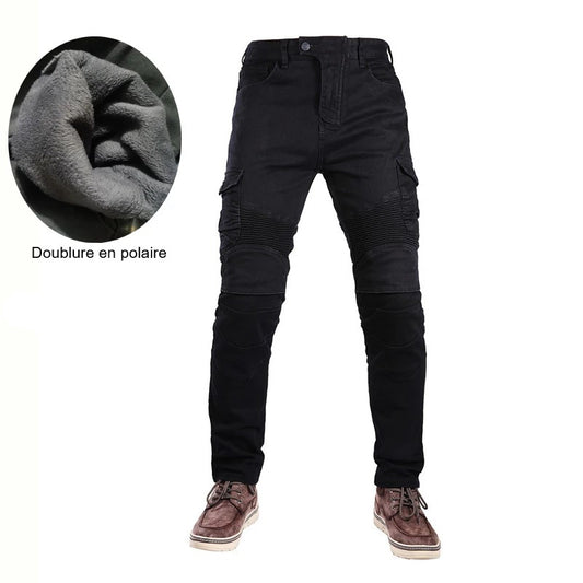 Jean moto hiver noir doublé polaire pour homme avec protections genoux et hanches