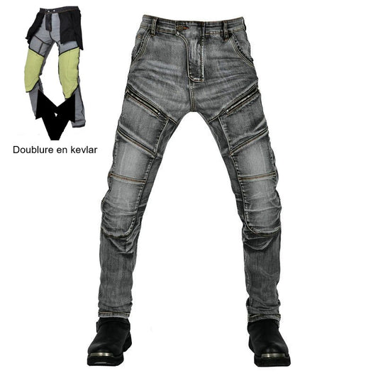 Jean moto gris pour homme avec doublure kevlar et protections amovibles, coupe ajustée motard 