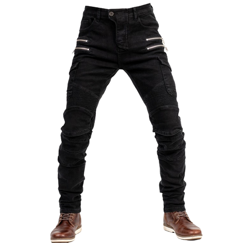 Jean noir moto homme renforcé avec coques, style motard urbain coupe ajustée